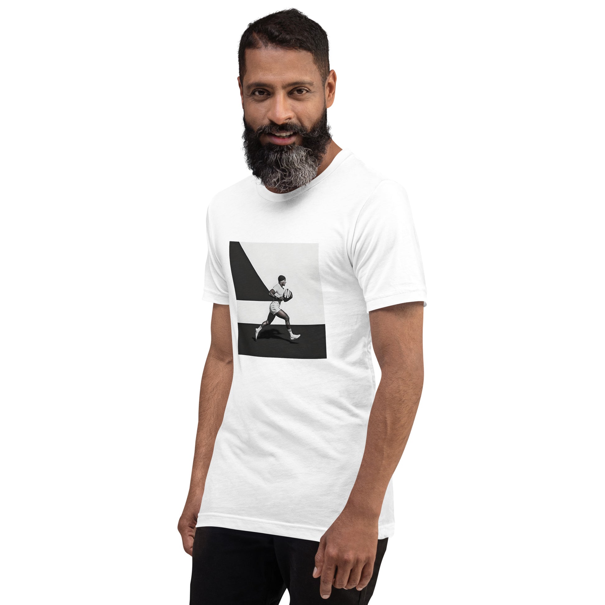 impression sur t-shirt, joueur de rugby stylisé en noir et blanc, t-shirt blanc porté par un homme