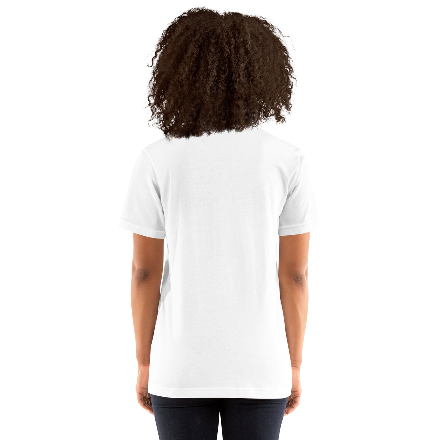 T-shirt rugby design blanc porté par une femme vue dos
