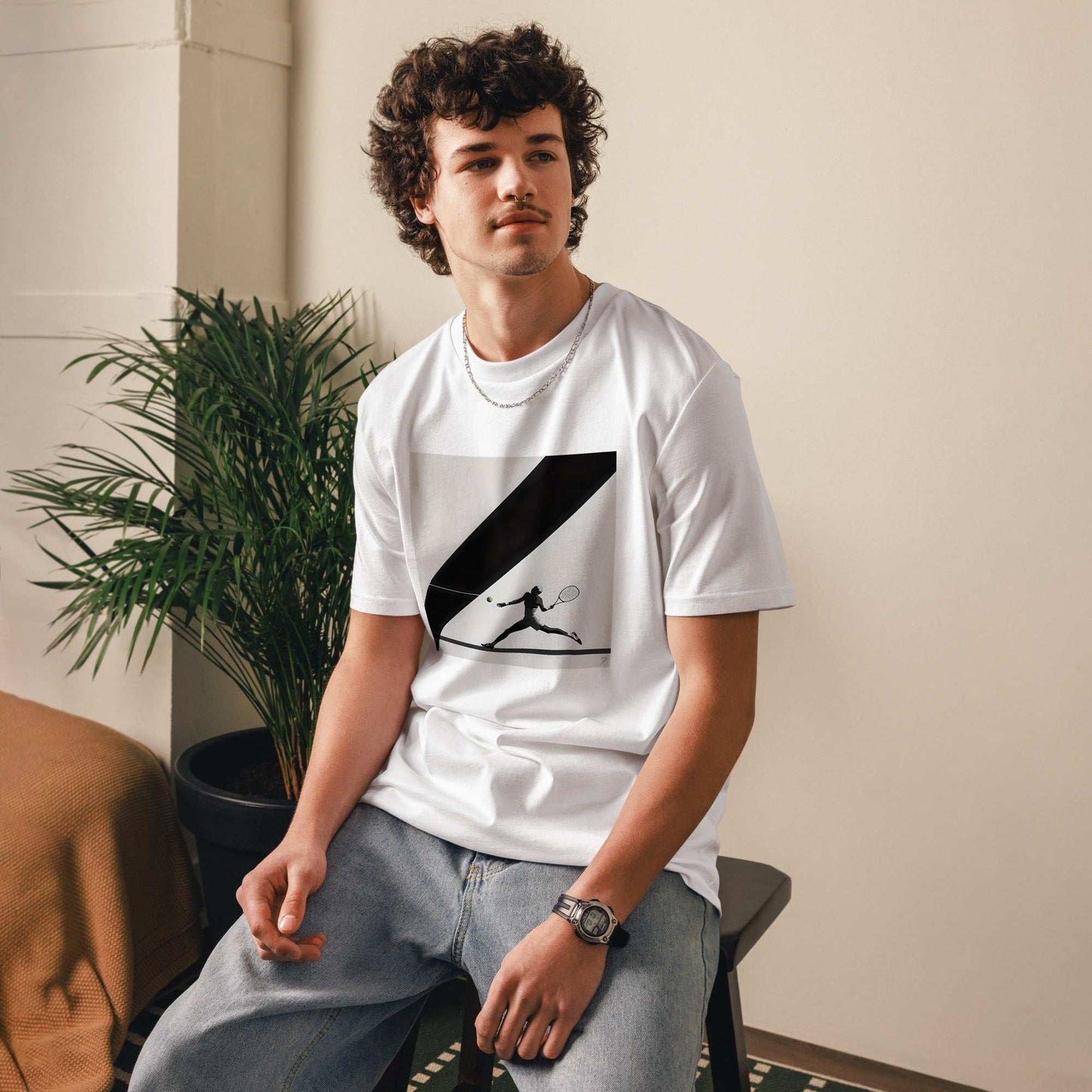 T-shirt en coton biologique Tennis Bauhaus illustration graphique noir et blanc