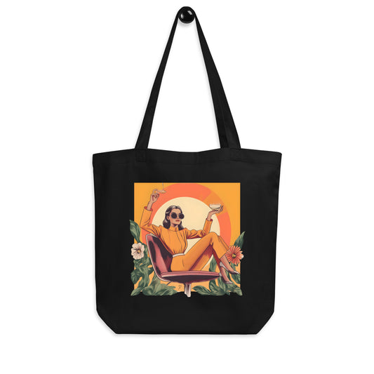 Tote bag bio avec illustration femme élégante, combinaison orange et talons, design Idée Passion