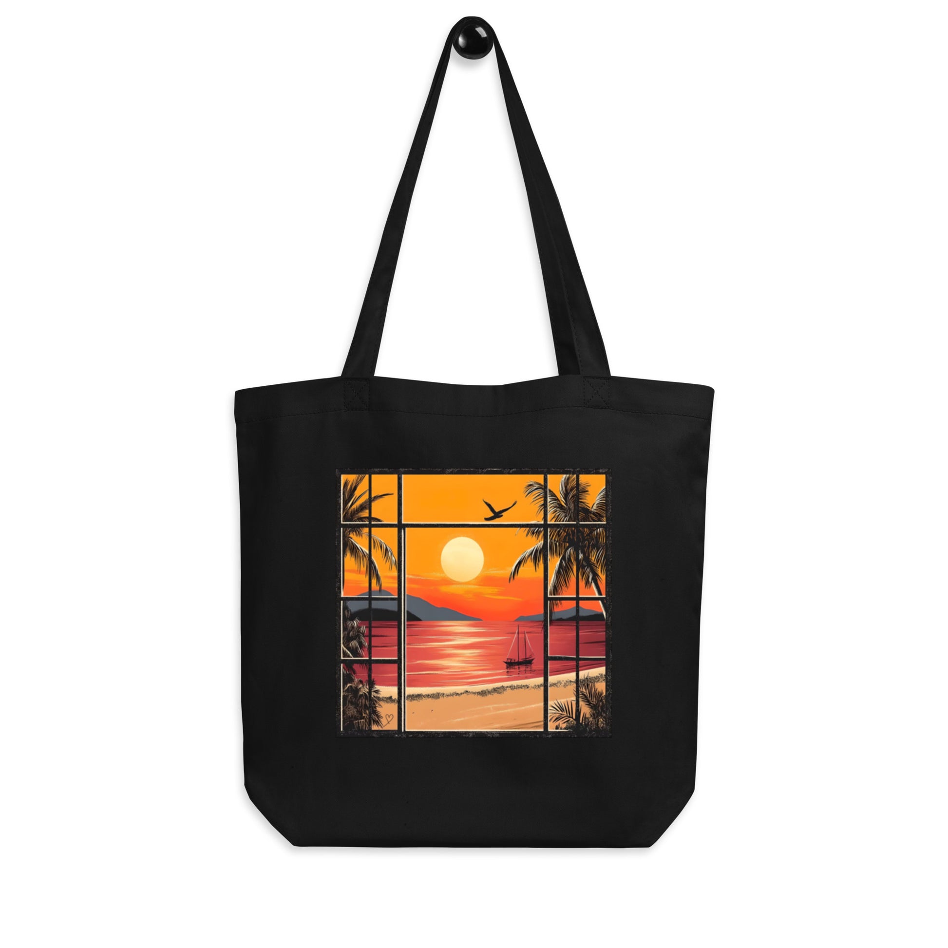 Tote bag bio avec illustration plage coucher de soleil et palmier, design Idée Passion