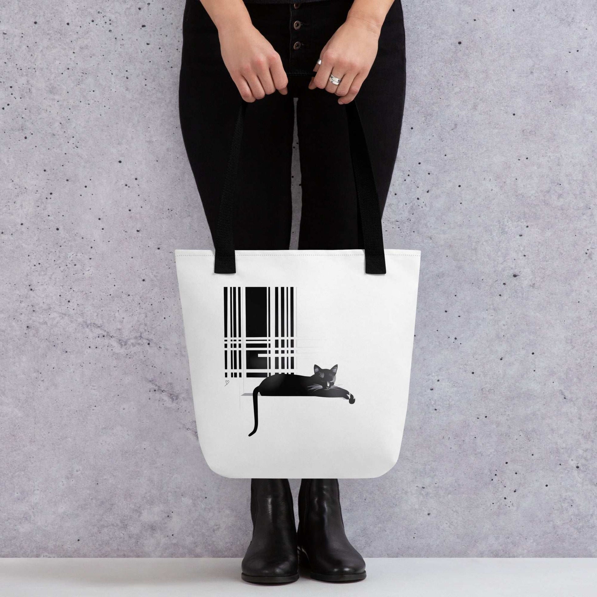 Tote bag illustré avec chat noir relaxé sur rebord de fenêtre – design minimaliste Idée Passion