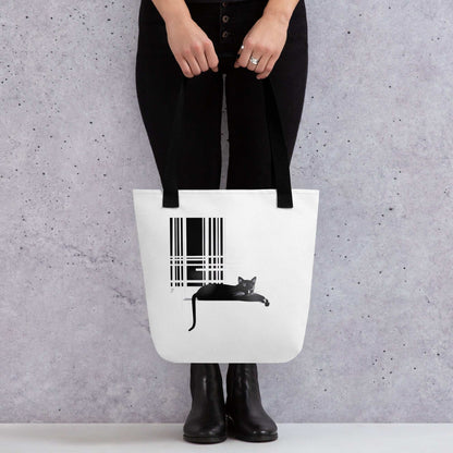 Tote bag illustré avec chat noir relaxé sur rebord de fenêtre – design minimaliste Idée Passion