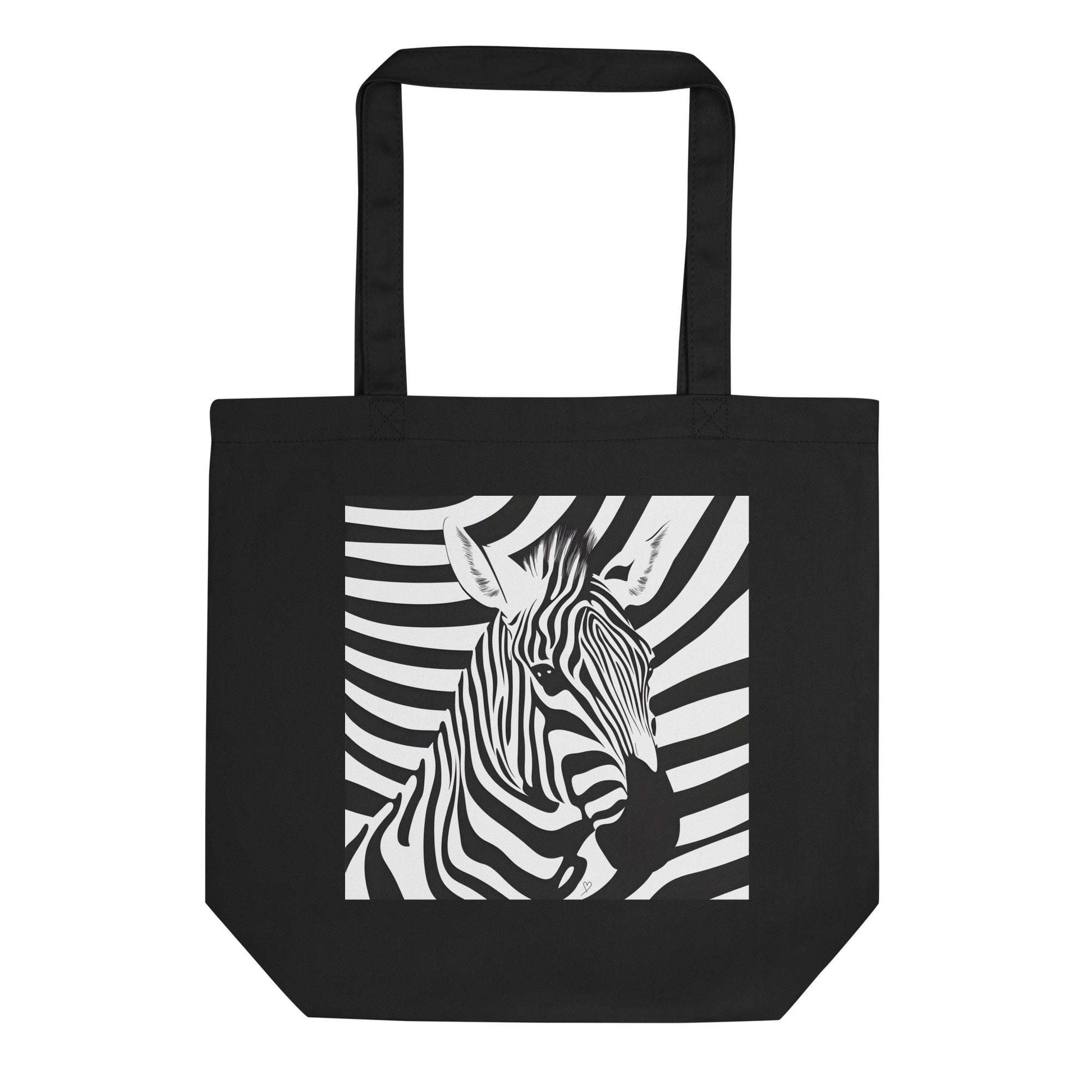 Tote bag “Zèbre hypnotique” signé Idée Passion – illustration originale de zèbre en noir et blanc avec motifs géométriques, design abstrait moderne et hypnotique.
