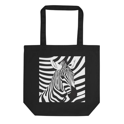 Tote bag “Zèbre hypnotique” signé Idée Passion – illustration originale de zèbre en noir et blanc avec motifs géométriques, design abstrait moderne et hypnotique.