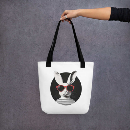 illustration lapin stylisé lunettes rouges sur tote bag Idée Passion