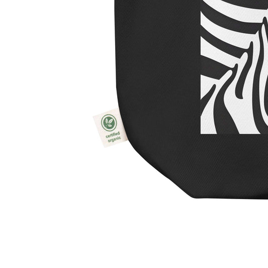 Zoom sur l’étiquette bio du tote bag Zèbre hypnotique Idée Passion – coton 100 % biologique certifié, sac éthique et durable.