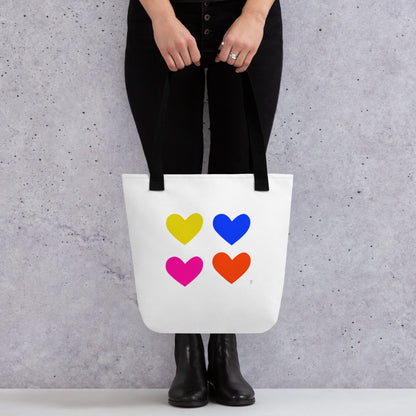 Tote bag éco-responsable avec cœurs jaunes, bleus, roses et rouges