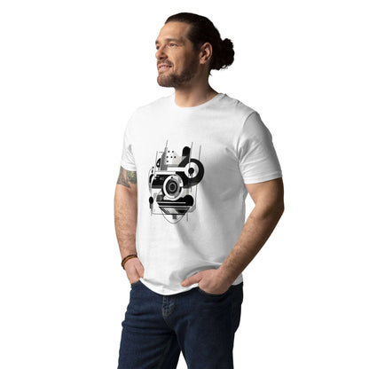 T-shirt bio unisexe porté par un homme “Musique Bauhaus” avec illustration géométrique moderne abstraite noir et blanc