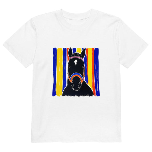 T-shirt enfant Charlie en coton bio posé à plat, illustration stylisée d’un cheval noir sur fond rayé bleu, jaune, rouge et orange, design moderne et artistique signé Idée Passion avec petit cœur, confortable et doux pour la peau, idéal pour jeunes passionnées de chevaux et équitation