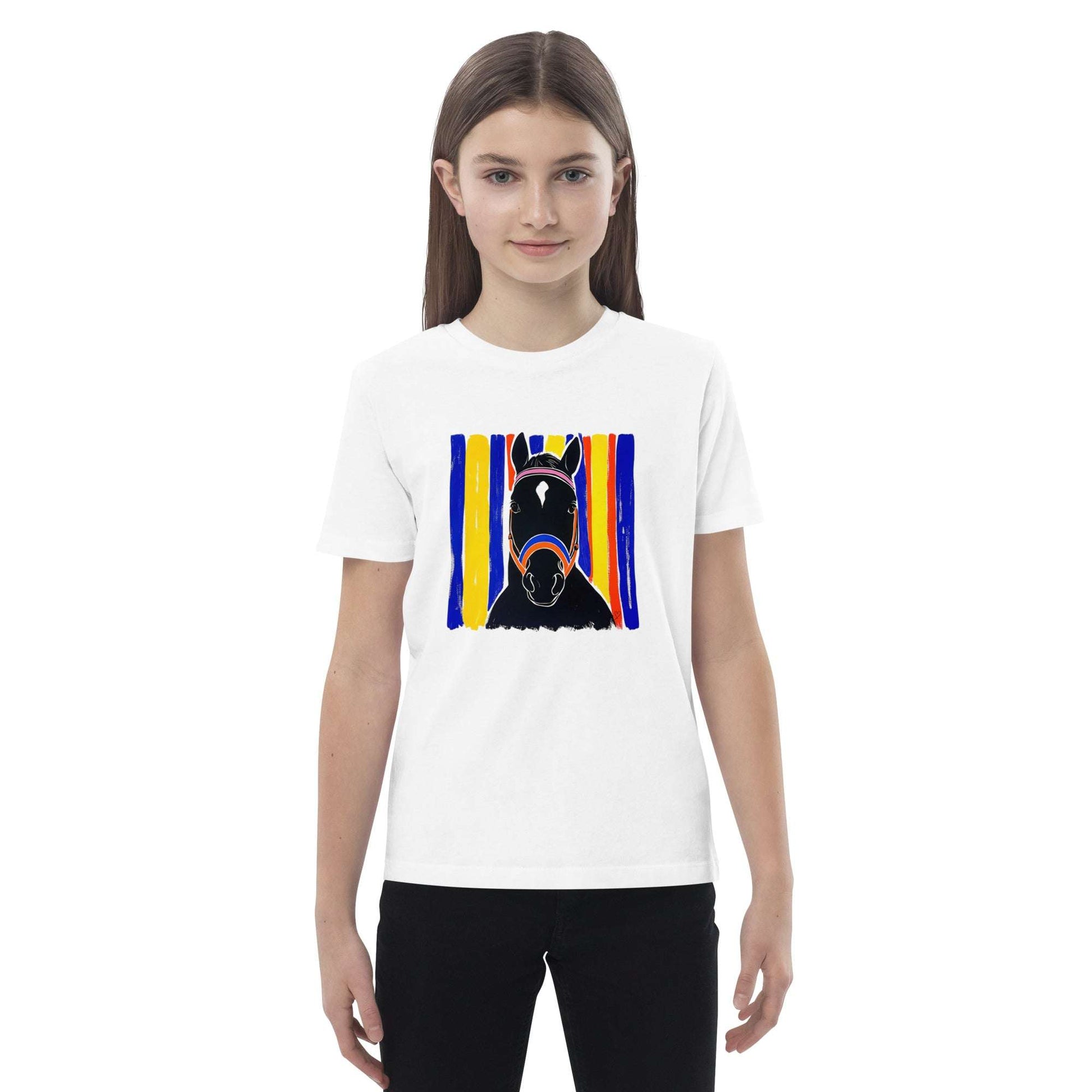 T-shirt enfant fille Charlie en coton bio vue de face, illustration originale d’un cheval noir stylisé sur fond vibrant de rayures bleu, jaune, rouge et orange, design moderne signé Idée Passion avec petit cœur, doux et confortable, idéal pour jeunes passionnées de chevaux