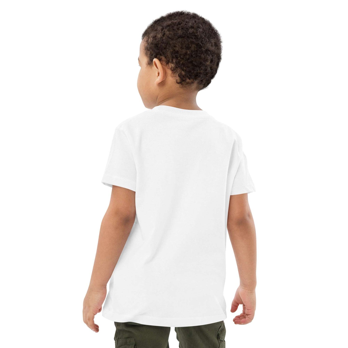 T-shirt enfant garçon Charlie en coton biologique vue de dos, design uni avec finition de qualité et petit cœur Idée Passion, confortable et respirant, parfait pour jeunes cavaliers