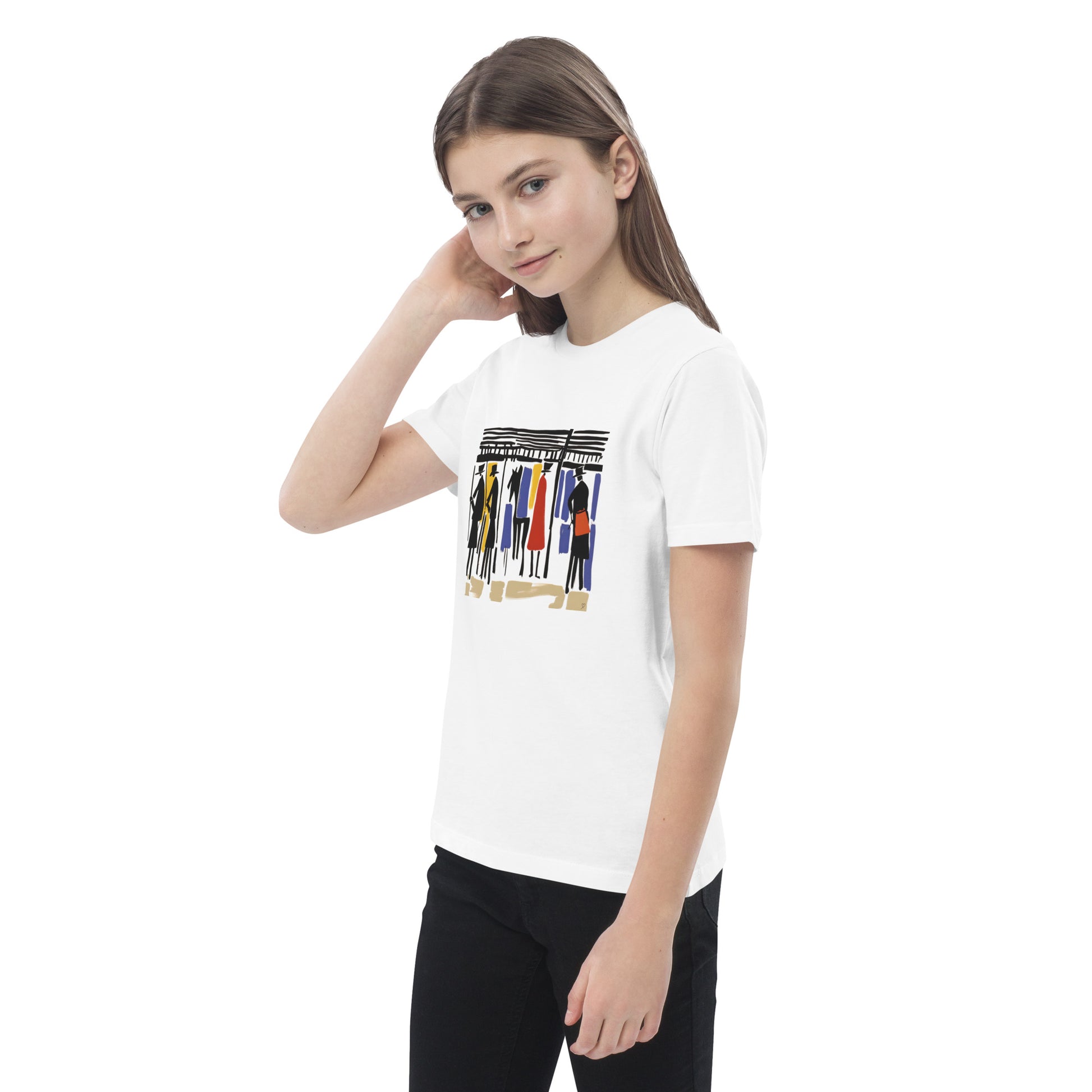 T-shirt enfant bio “Les Écuries” – illustration chevaux colorée avec chevaux et cavaliers porté fille