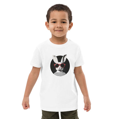 T-shirt enfant bio “Jean-Paul” avec lapin blanc stylé et lunettes rouges