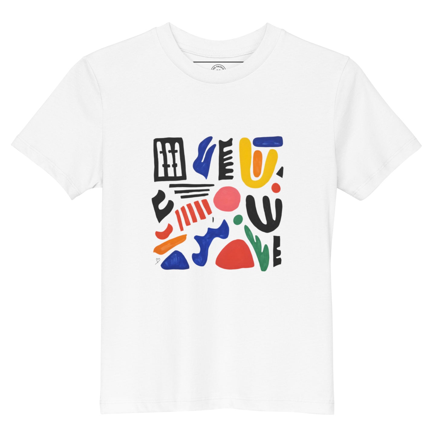 Vue complète de la composition abstraite et colorée du T-shirt bio “La danse des formes”