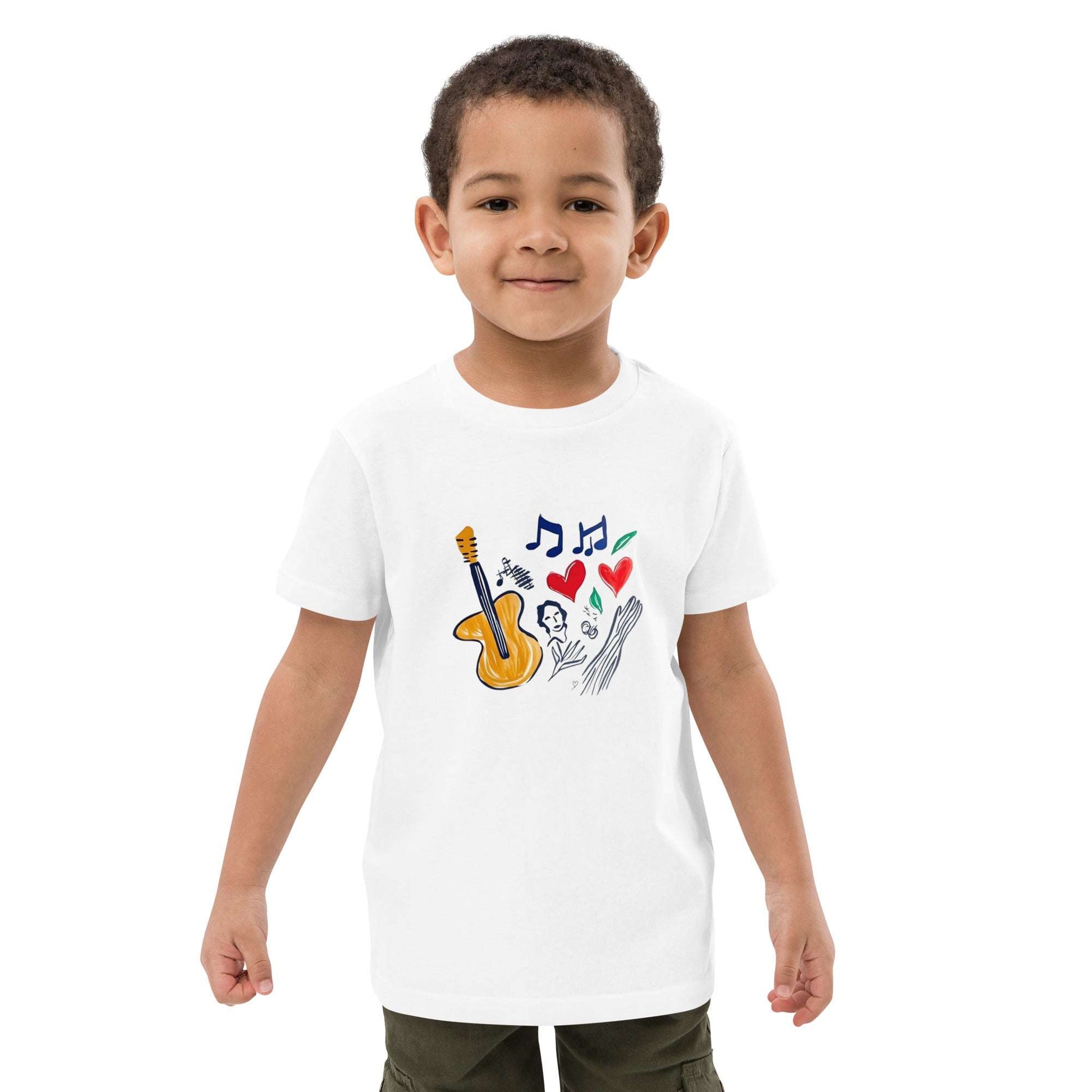 T-shirt enfant bio “Le Concert” avec guitare, notes de musique, cœurs et figure humaine