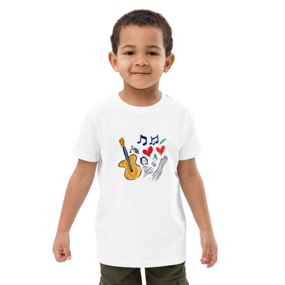 T-shirt enfant bio “Le Concert” avec guitare, notes de musique, cœurs et figure humaine