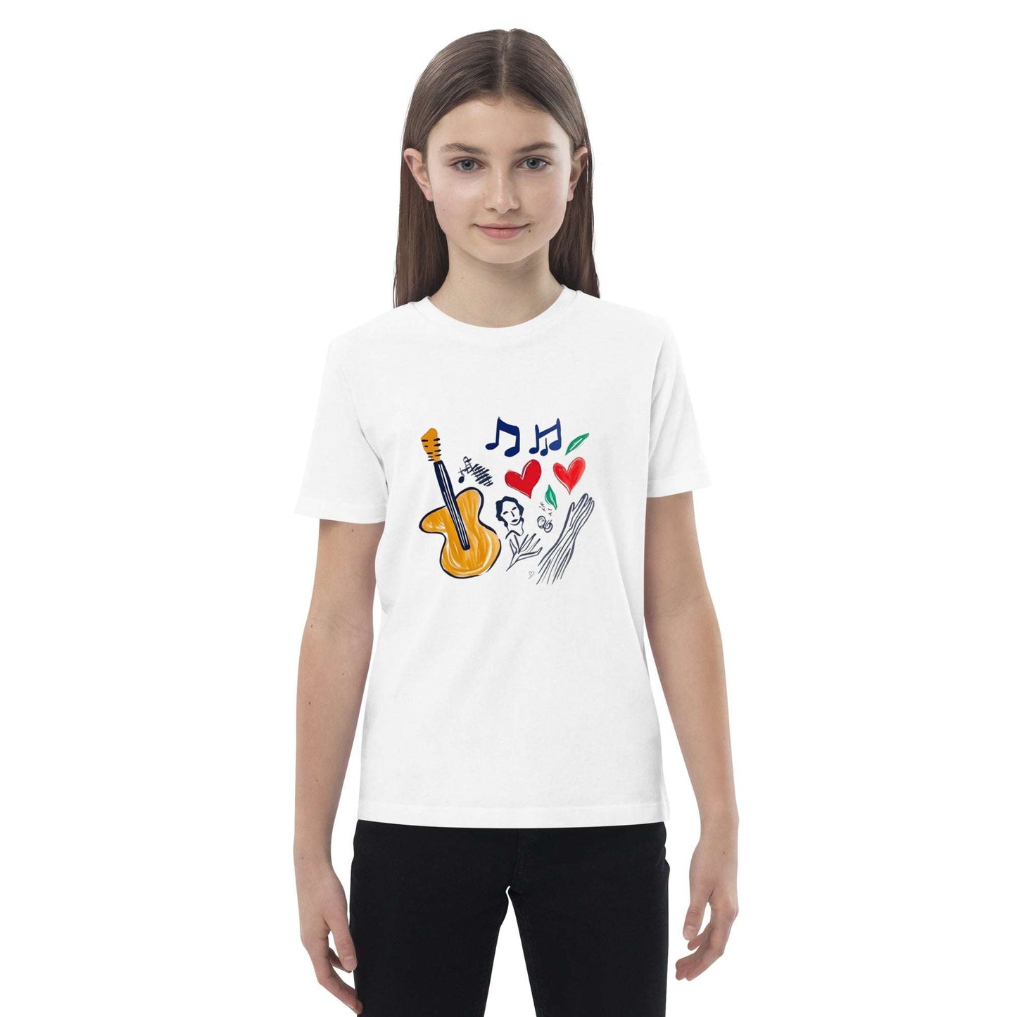 Détail guitare stylisée sur T-shirt bio enfant “Le Concert” porté fille