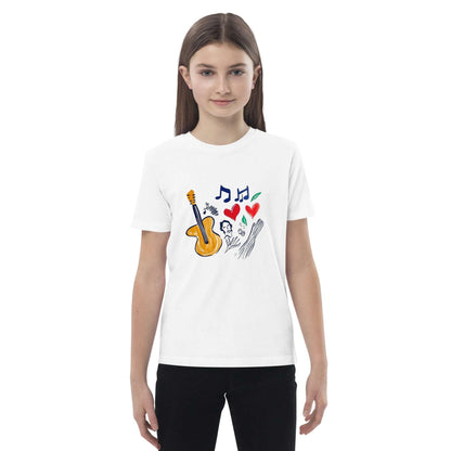 Détail guitare stylisée sur T-shirt bio enfant “Le Concert” porté fille