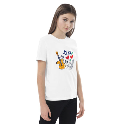 T-shirt enfant bio “Le Concert” avec guitare, notes de musique, cœurs et figure humaine porté fille