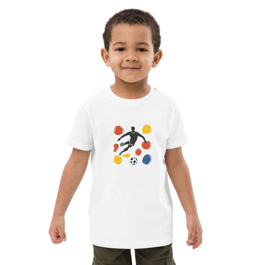 T-shirt enfant bio “Les Ballons” – joueur de football silhouette avec cercles colorés et mouvement dynamique