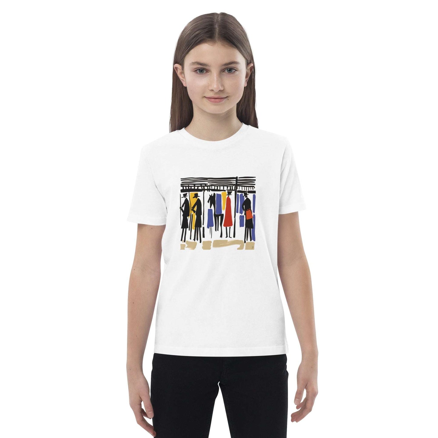T-shirt enfant bio “Les Écuries” – illustration équestre colorée avec chevaux et cavaliers