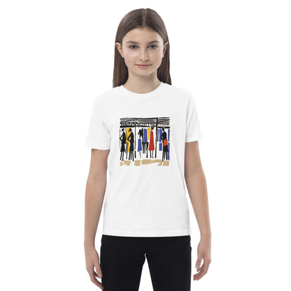 T-shirt enfant bio “Les Écuries” – illustration équestre colorée avec chevaux et cavaliers