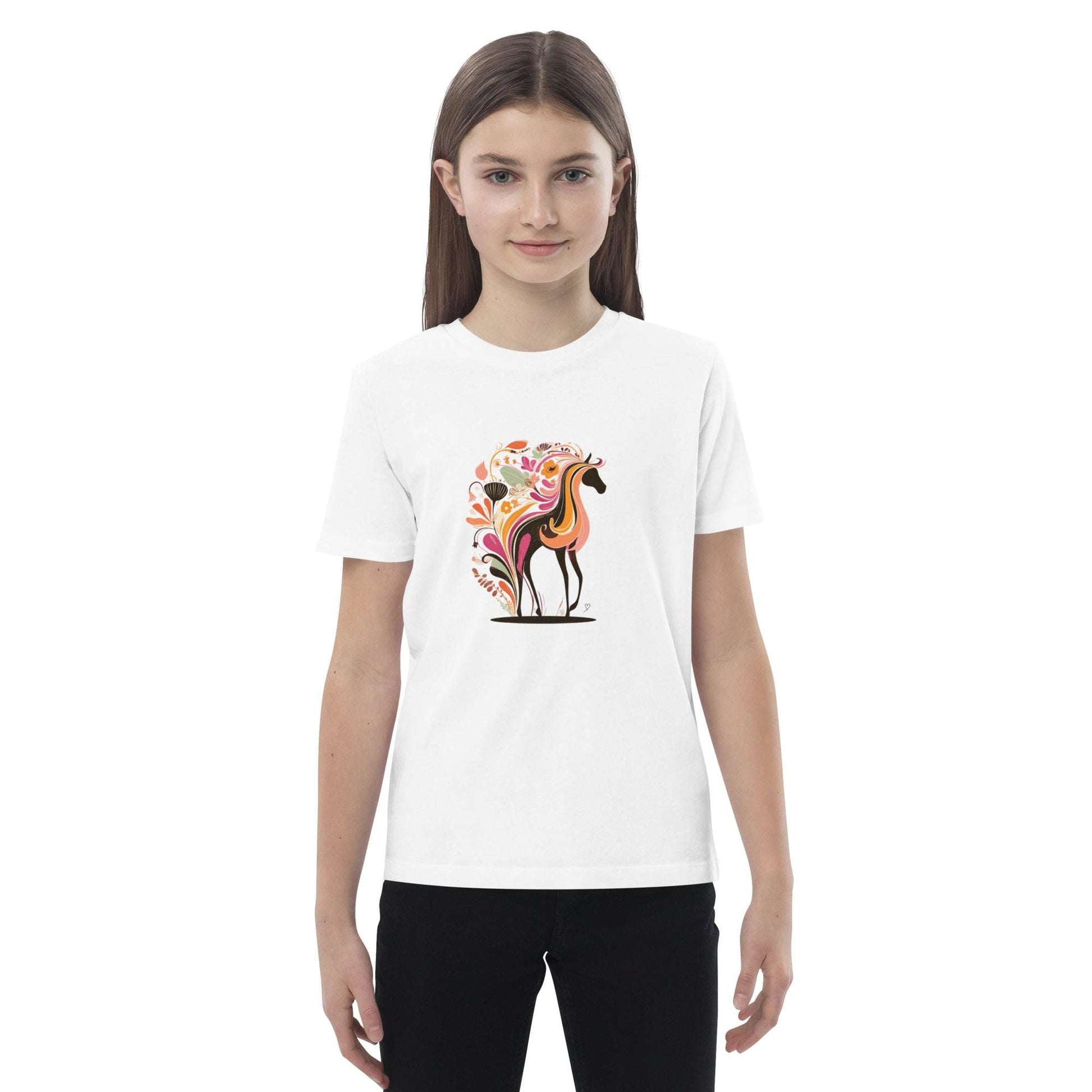 T-shirt bio enfant “Magic Horse” – cheval stylisé avec motif floral coloré