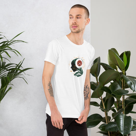 T-shirt unisexe illustration musique et nature porté par un homme