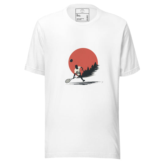T-shirt unisexe Solar Tennis blanc – illustration minimaliste de joueur de tennis devant un soleil couchant, Idée Passion